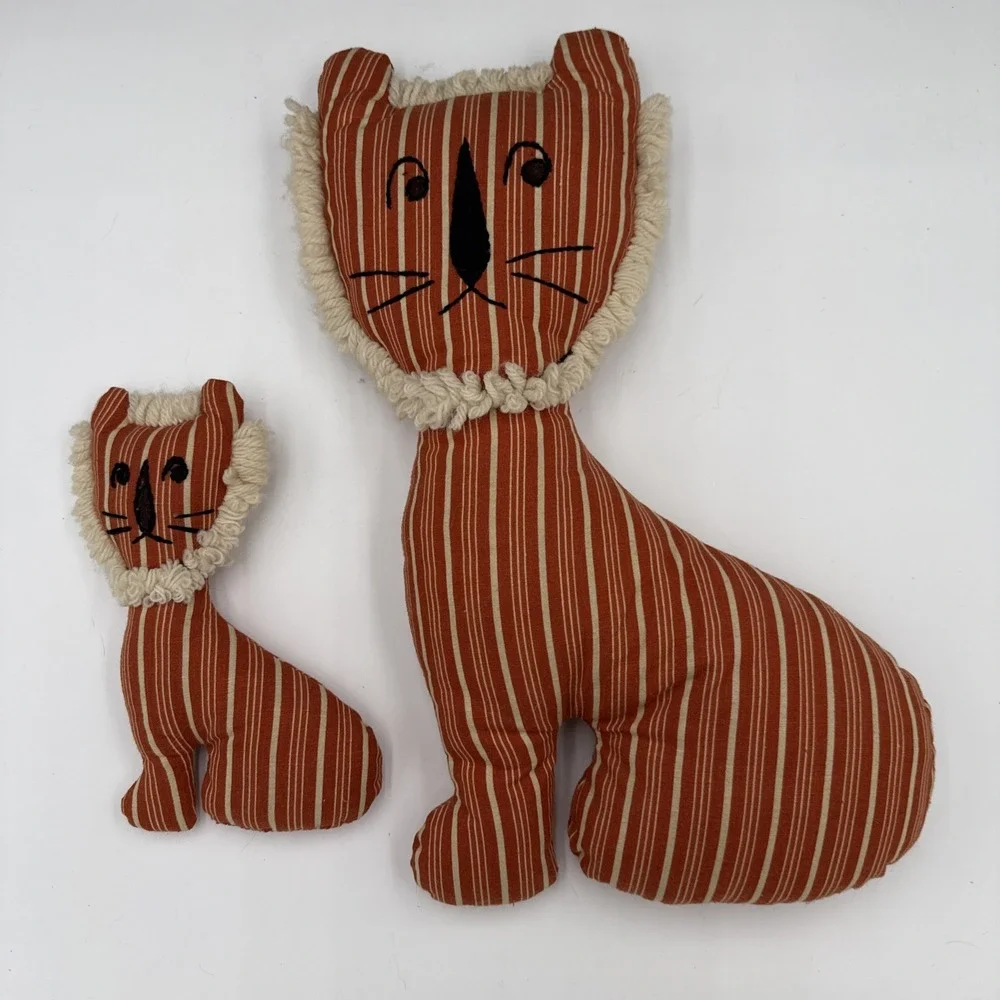 Vtg Handmade Primitive Stuffed Cat Dolls Orange Ticking Stripe Folk Art Pillows